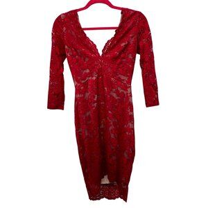 Agaci Red Lace Dress M V-Neck 3/4 Sleeves Lined Sexy Cocktail Party Zip NWT